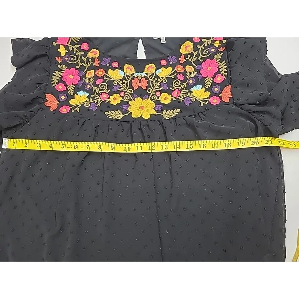 Womens 2X Peasant Blouse Embroidered Yoke Top Chenille Dots Lined Boho Hippie - Picture 8 of 10